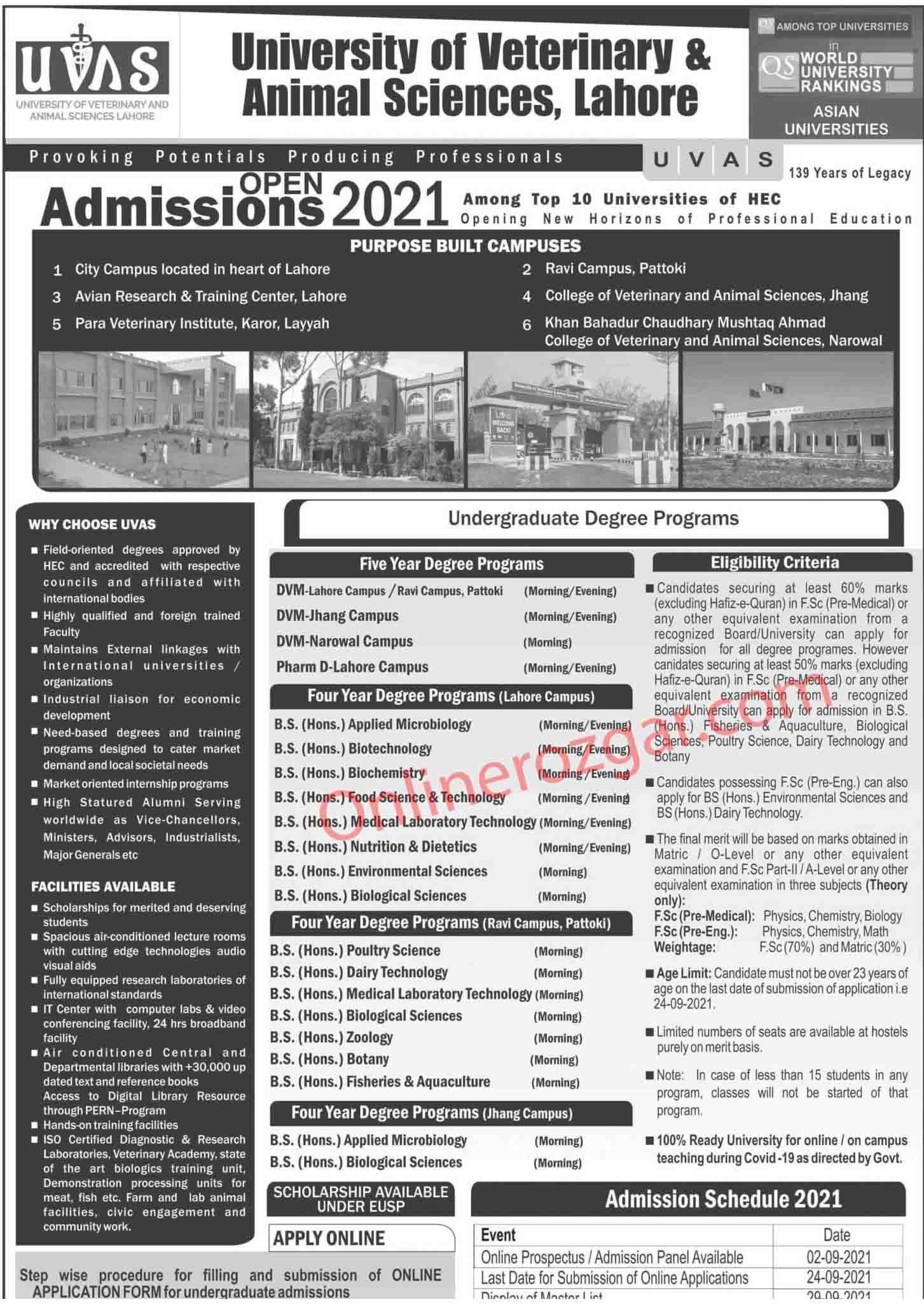 Admissions Open 2021-University of Veterinary & Animal Sciences(UVAS),  Lahore - Online Rozgar