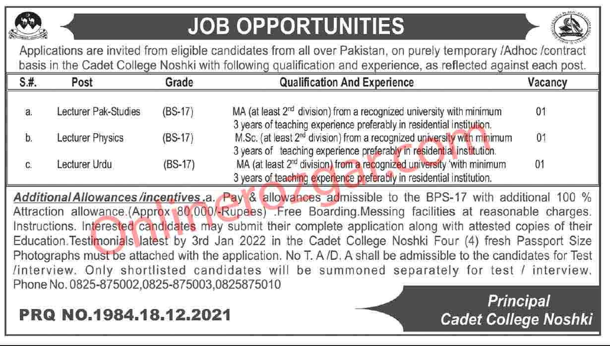 Lecturer Pak Studies Physics Urdu Jobs 2021 22 Cadet College Noshki Jobs 2022 Onlinerozgar Jobs 2022 